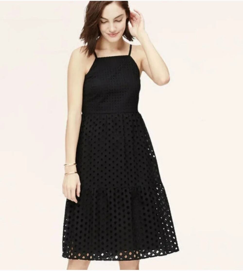 LOFT NWT Mixed Eyelet Cami Midi Dress in Black // 00
